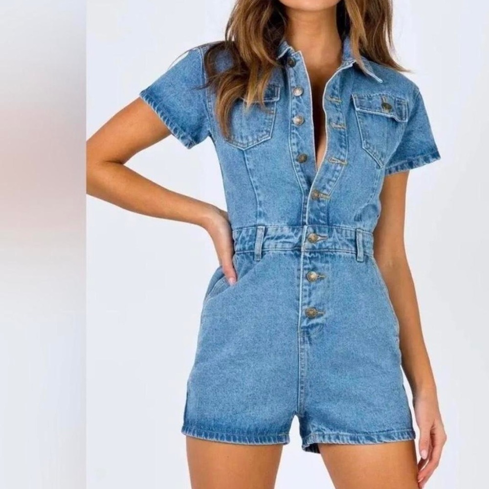 Lioness Light Blue Denim Short Sleeve Romper